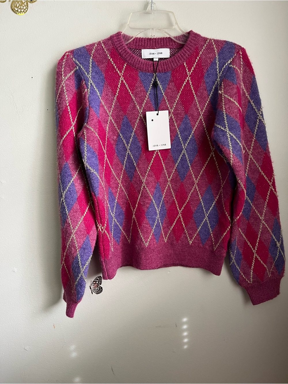 JOHN + JENN Casey Sweater Blushing Argyl Size XS NWT Pink Purple Gold Pullover